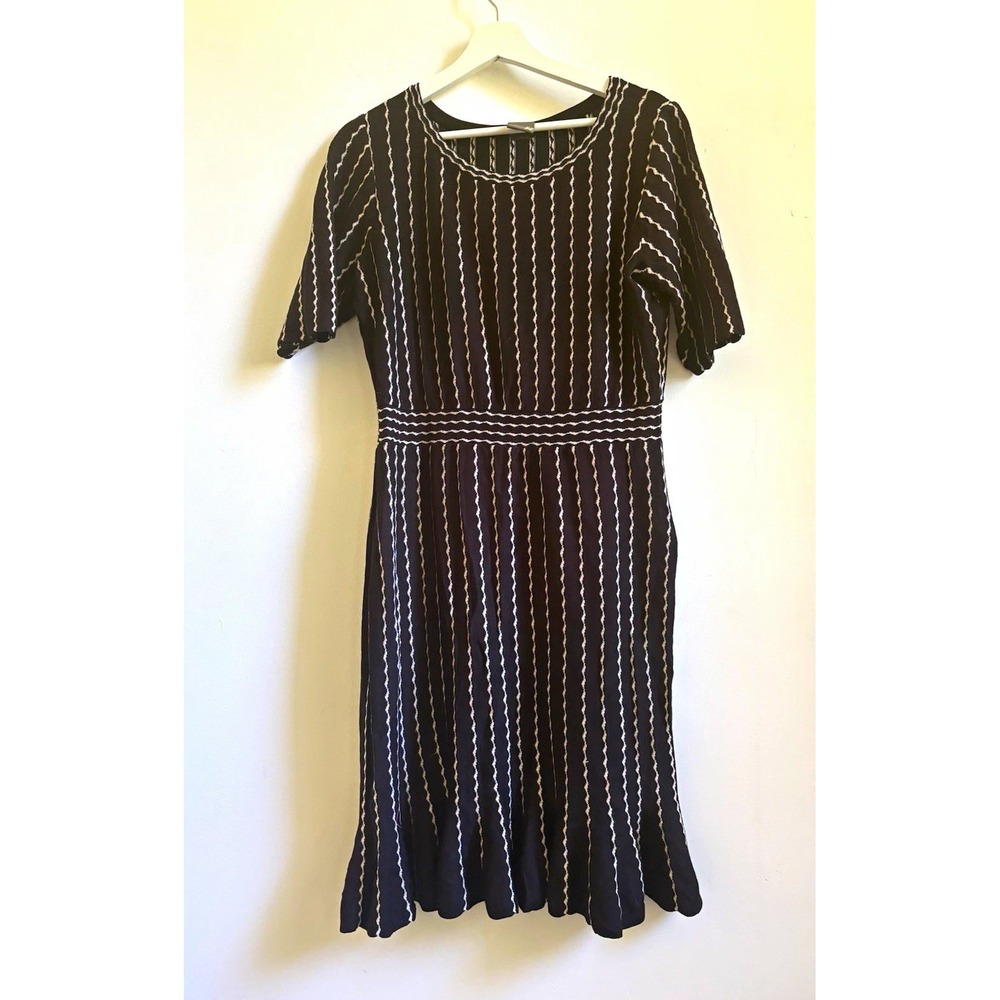 Taylor Black White Striped Knit Fit & Flare Dress M Ruffle hem preppy career off